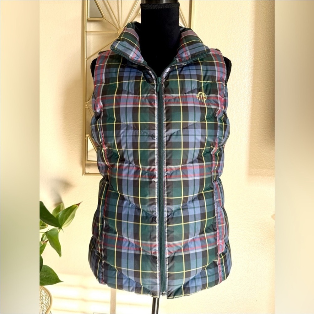 Lands’ End Down Puffer Vest Plaid Green Blue Women’s M Medium 10-12 Zip Winter - Picture 2 of 6